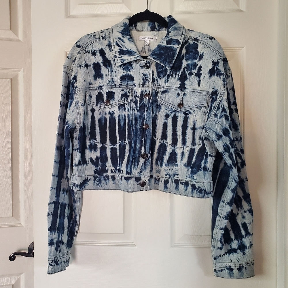 Good American Blue Tie-Dyed Denim Jacket Crop Y2K Trucker Preppy Button-up Sz 4